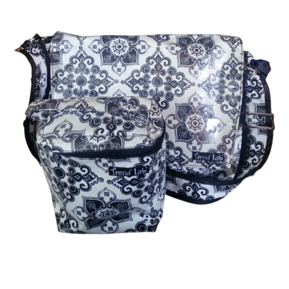 Trend Lab Black and White Floral Baby Diaper Bag Utility Set With Bottle Bag